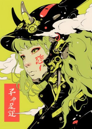 Cyberpunk Anime Girl Art Print: Neon Dreams - Premium Wooden Framed Poster. Ready to Hang.