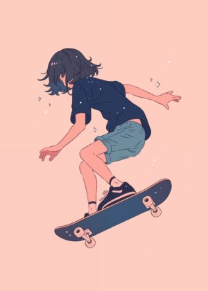 Anime Skater Girl Art Print: Style and Grace - Premium Wooden Framed Poster. Ready to Hang.