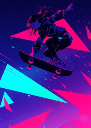 Anime Girl Skateboarding: Neon Dreams - Premium Wooden Framed Poster. Ready to Hang.