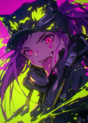 Cyberpunk Anime Girl with Cat Ears - Premium Wooden Framed Poster. Ready to Hang.