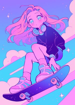 Cute Skater Girl Anime Art Print - Premium Wooden Framed Poster. Ready to Hang.