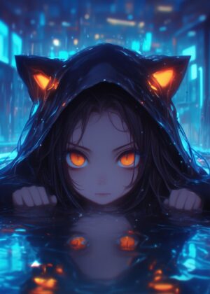 Anime Girl with Cat Ears in Neon City Rain - Premium Wooden Framed Poster. Ready to Hang.