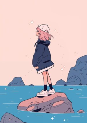 Anime Girl Seascape: Dreamy Coastal Illustration - Premium Wooden Framed Poster. Ready to Hang.