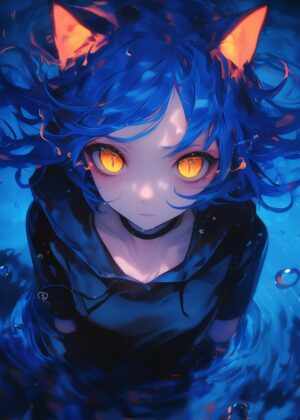 Blue-Haired Anime Girl with Cat Ears: Mystical Water Scene - Premium Wooden Framed Poster. Ready to Hang.