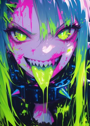 Neon Anime Girl: Vibrant Digital Art Print - Premium Wooden Framed Poster. Ready to Hang.