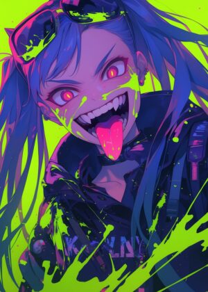 Neon Anime Girl: Vibrant Cyberpunk Art Print - Premium Wooden Framed Poster. Ready to Hang.