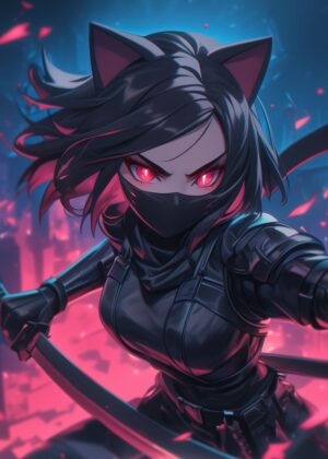 Cat-Eared Ninja Girl: Anime Art Print - Premium Wooden Framed Poster. Ready to Hang.