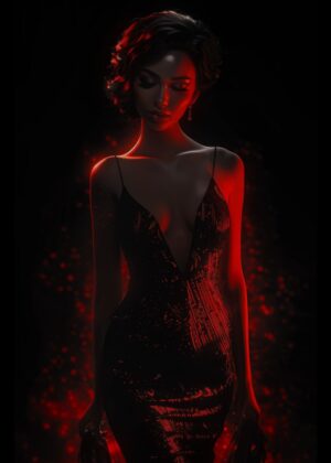 Enigmatic Elegance: A Woman Bathed in Red - Premium Wooden Framed Poster. Ready to Hang.