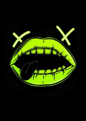 Neon Green Lips: Glowing Goth Art Print - Premium Wooden Framed Poster. Ready to Hang.
