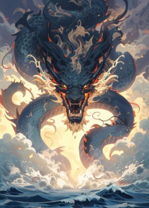 Dragon Rising from the Sea: A Majestic Fantasy Artwork - Premium Wooden Framed Poster. Ready to Hang.