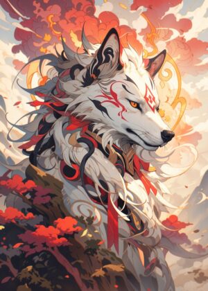 Majestic White Wolf with Red Markings: Digital Art Print - Premium Wooden Framed Poster. Ready to Hang.