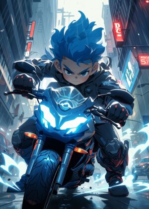 Anime Boy on a Motorcycle: Urban Speedster Art Print - Premium Wooden Framed Poster. Ready to Hang.