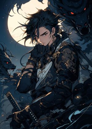 Anime Samurai and Dragons: A Nighttime Encounter - Premium Wooden Framed Poster. Ready to Hang.