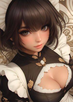 Anime Maid with Brown Hair: Elegant and Enchanting Digital Art - Premium Wooden Framed Poster. Ready to Hang.