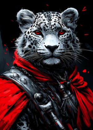 Snow Leopard Warrior: A Fierce and Majestic Digital Art Print - Premium Wooden Framed Poster. Ready to Hang.