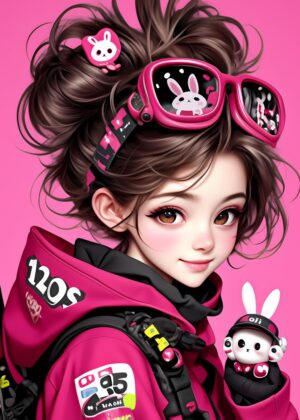 Adorable Anime Girl with Bunny Theme Accessories - Premium Wooden Framed Poster. Ready to Hang.
