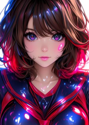 Anime Girl with Purple Eyes: Vibrant Digital Art Print - Premium Wooden Framed Poster. Ready to Hang.