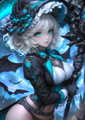 Anime Witch with Staff: Enchanting Dark Fantasy Art - Premium Wooden Framed Poster. Ready to Hang.