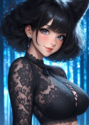 Anime Girl in Black Lace: Dark Elegance Artwork - Premium Wooden Framed Poster. Ready to Hang.