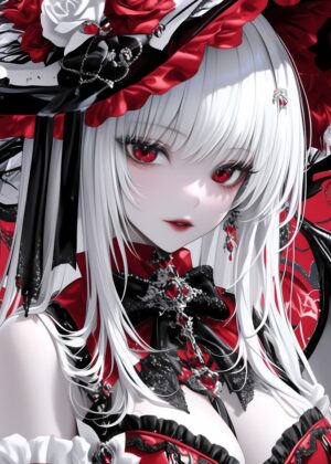 Anime Girl with Crimson Eyes: Gothic Lolita Art Print - Premium Wooden Framed Poster. Ready to Hang.