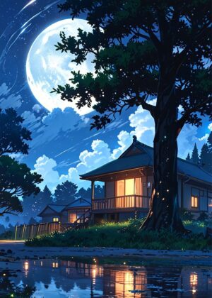 Serene Moonlight Night: Japanese House Scene - Premium Wooden Framed Poster. Ready to Hang.