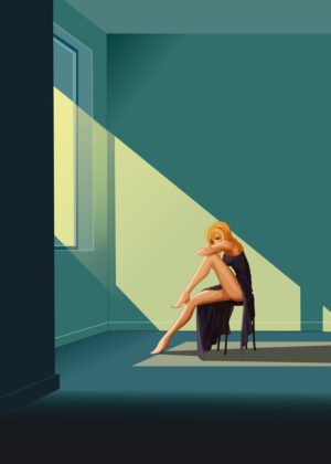 Melancholy Anime Girl in Sunlit Room - Premium Wooden Framed Poster. Ready to Hang.