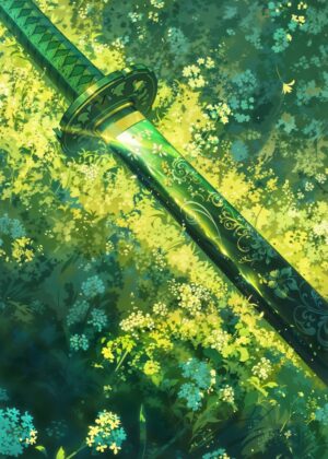 Serene Katana: Green Floral Artwork - Premium Wooden Framed Poster. Ready to Hang.