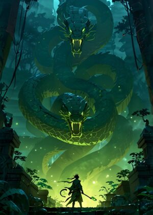 Giant Serpent Guardian: Mystical Art Print - Premium Wooden Framed Poster. Ready to Hang.
