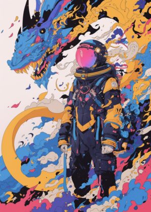 Astronaut Encountering a Cosmic Dragon - Premium Wooden Framed Poster. Ready to Hang.
