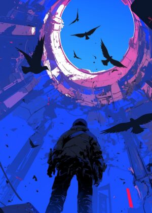 Silhouette in a Broken City: Cyberpunk Art Print - Premium Wooden Framed Poster. Ready to Hang.