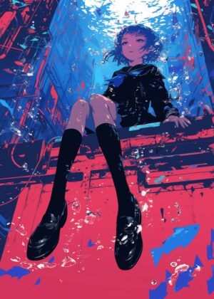 Anime Girl Underwater: A Dreamlike Escape - Premium Wooden Framed Poster. Ready to Hang.