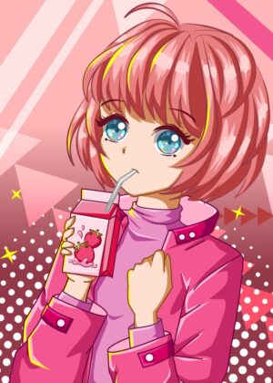 Adorable Anime Girl Enjoying Strawberry Milk - Premium Wooden Framed Poster. Ready to Hang.