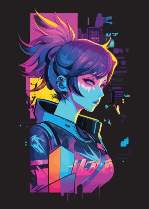Cyberpunk Anime Girl: Neon Dreams - Premium Wooden Framed Poster. Ready to Hang.
