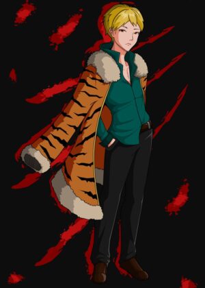 Anime Boy in Tiger Print Coat - Premium Wooden Framed Poster. Ready to Hang.