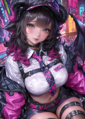 Cyberpunk Anime Girl with Devil Wings - Premium Wooden Framed Poster. Ready to Hang.