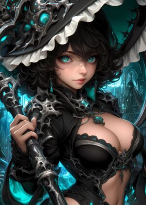Enigmatic Anime Witch with Staff - Premium Wooden Framed Poster. Ready to Hang.