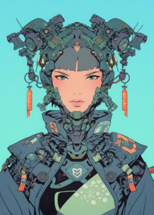 Cyberpunk Female Warrior: Futuristic Art Print - Premium Wooden Framed Poster. Ready to Hang.