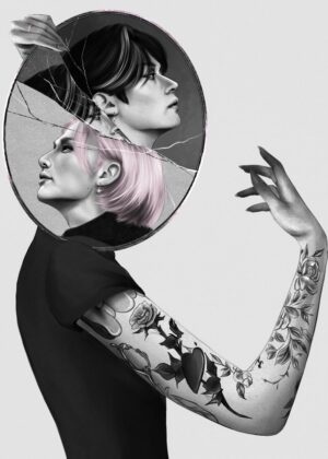 Broken Mirror Portrait: A Study in Dualities - Premium Wooden Framed Poster. Ready to Hang.