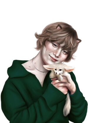 Young Man and Fennec Fox: A Whimsical Digital Painting - Premium Wooden Framed Poster. Ready to Hang.