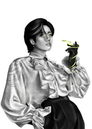Mysterious Man with Serpent and Ruffled Shirt: Artistic Print - Premium Wooden Framed Poster. Ready to Hang.