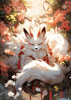 White Fox in Blossom: A Serene Digital Art Print - Premium Wooden Framed Poster. Ready to Hang.