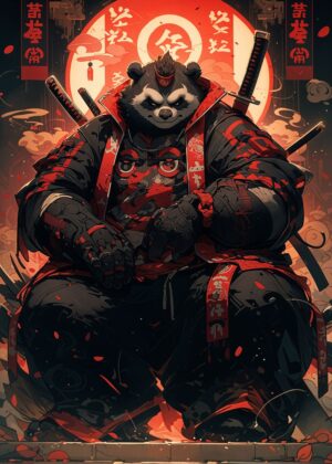 Panda Samurai Warrior: Digital Art Print - Premium Wooden Framed Poster. Ready to Hang.