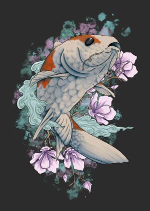 Koi Fish and Cherry Blossoms: A Serene Artwork - Premium Wooden Framed Poster. Ready to Hang.