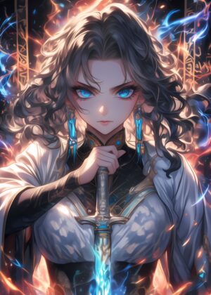Anime Girl with Sword: Fiery Determination - Premium Wooden Framed Poster. Ready to Hang.
