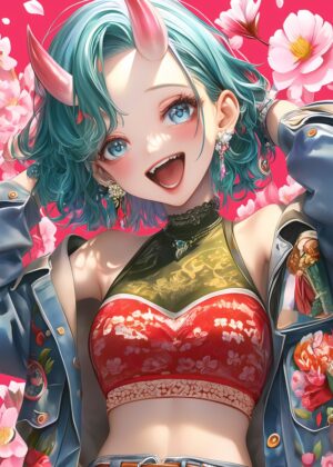 Anime Girl with Horns: Vibrant Digital Art Print - Premium Wooden Framed Poster. Ready to Hang.