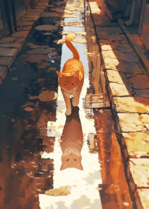 Adorable Orange Cat in Alleyway Reflection - Premium Wooden Framed Poster. Ready to Hang.
