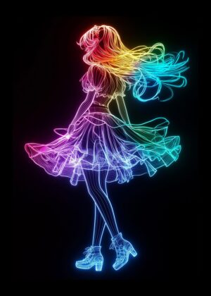 Neon Anime Girl: Vibrant Digital Art Print - Premium Wooden Framed Poster. Ready to Hang.