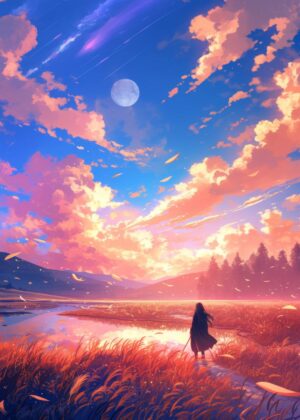 Dreamy Landscape: Serene Sunset Anime Art Print - Premium Wooden Framed Poster. Ready to Hang.