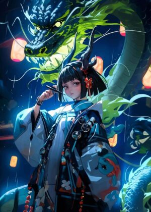 Anime Girl and Dragon: Mystical Rain - Premium Wooden Framed Poster. Ready to Hang.