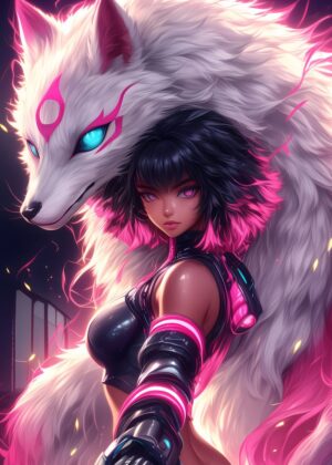 Anime Girl and White Wolf: A Mystical Fusion - Premium Wooden Framed Poster. Ready to Hang.